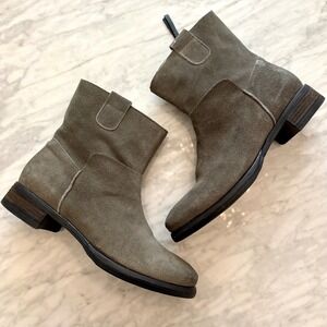 Anthropologie CoqueTerra Suede Ankle Boots ‎ Zip Stacked Heel Olive Green EU 41